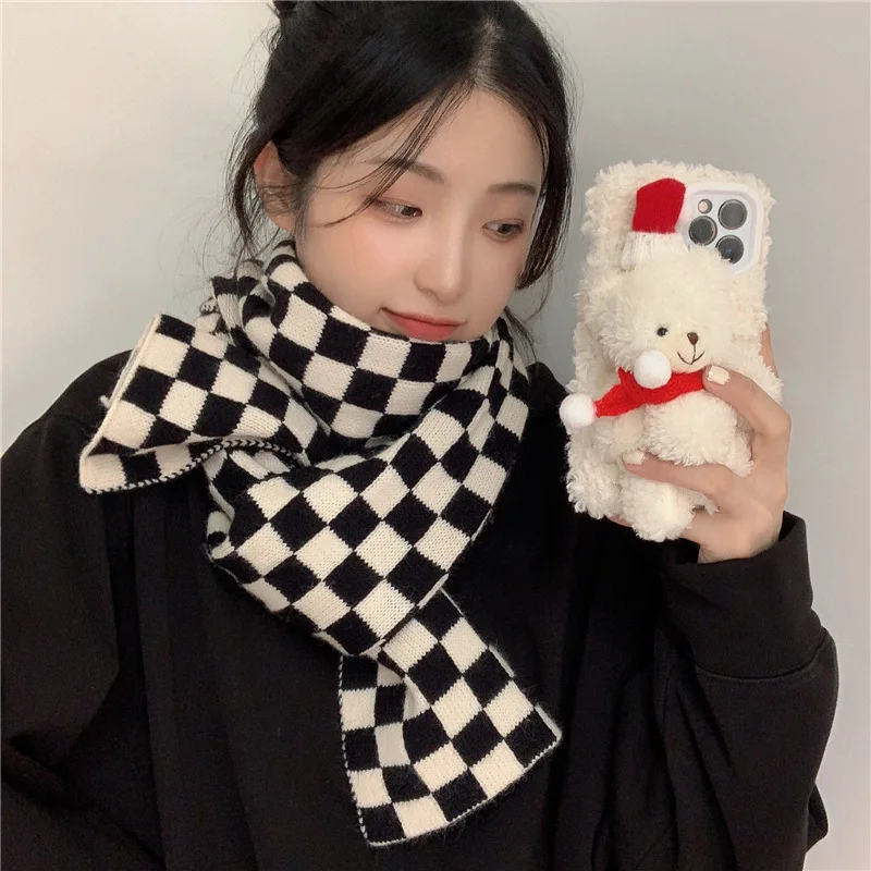 Black and White Checkerboard Scarf Women Winter Warm Retro Plaid Knitted Woolen Scarf Women scarf luxury brand