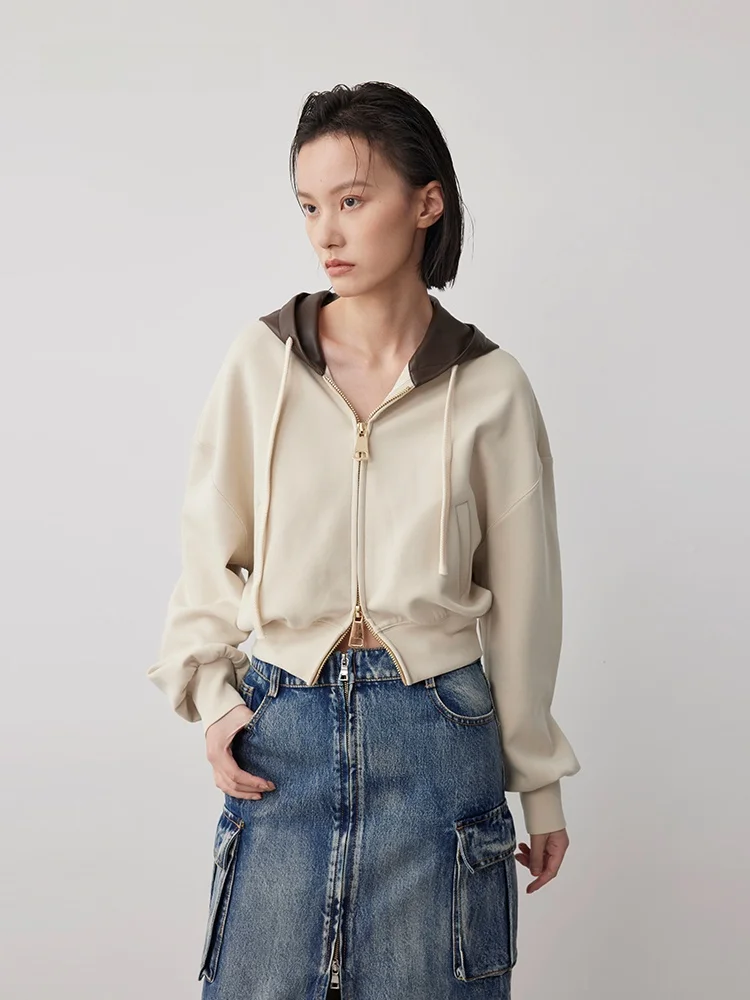 

XMOOM2024 Spring New Sle Women's ort Zipper Jaet Patchwork Leather Hoodie Outerwear Double Opening Zipper Casual Sweats...