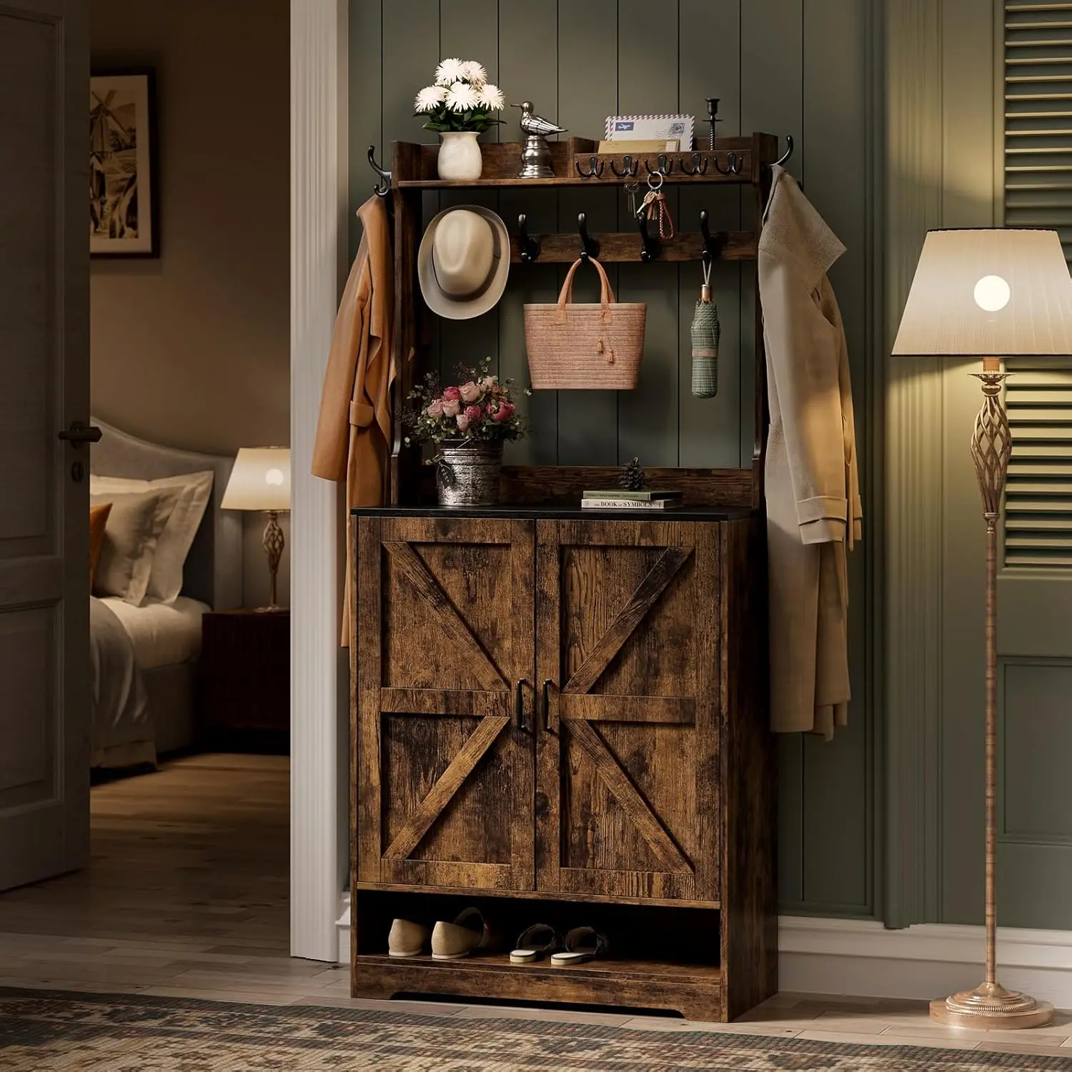 Farmhouse Hall Tree with Shoe Storage Cabinet, 14 Coat Hooks & 6 Tier Organizer, Rustic Brown