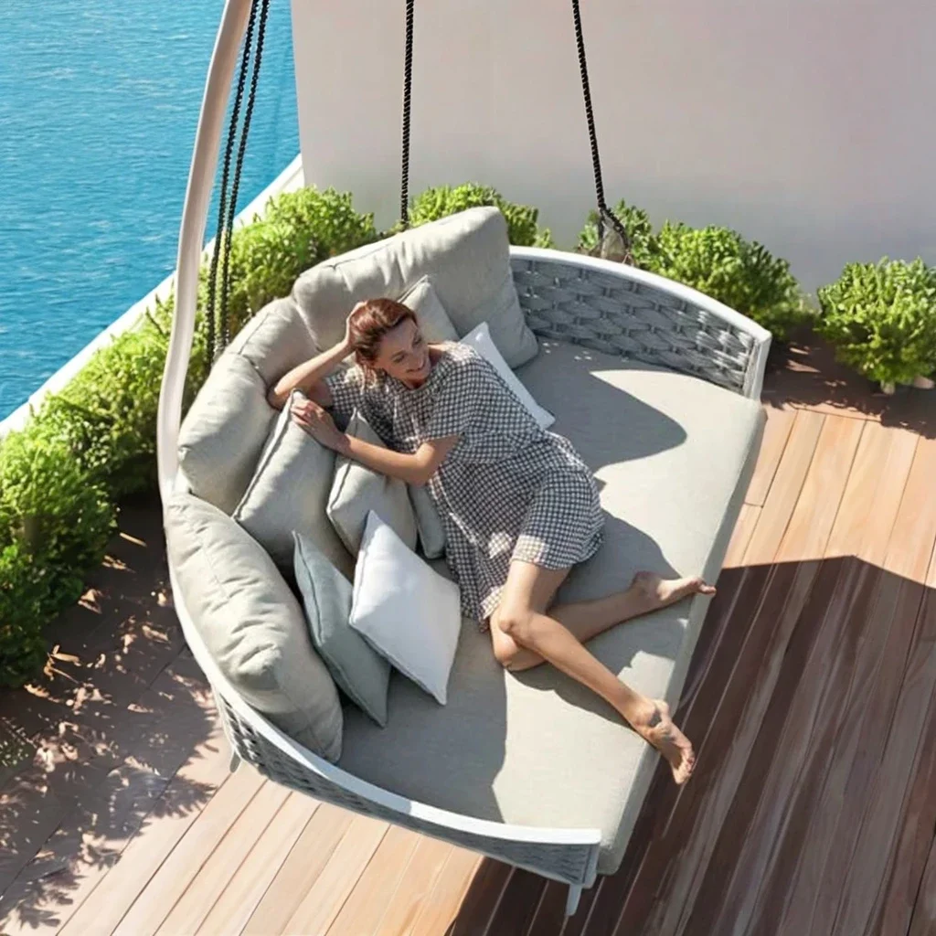 

#N Popular PE Rattan Outdoor Furniture Fashionable Half Round Daybed Patio Garden Sun Lounger Bed