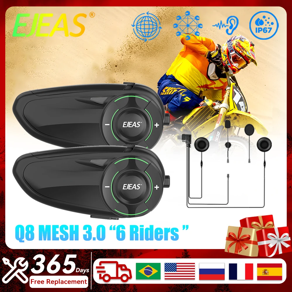 EJEAS Q8 Motorcycle Group Intercom Mesh 3.0 Walkie Talkie Bluetooth 5.1 Interphone Headset for 6 Riders Communicator IP67 FM Rad