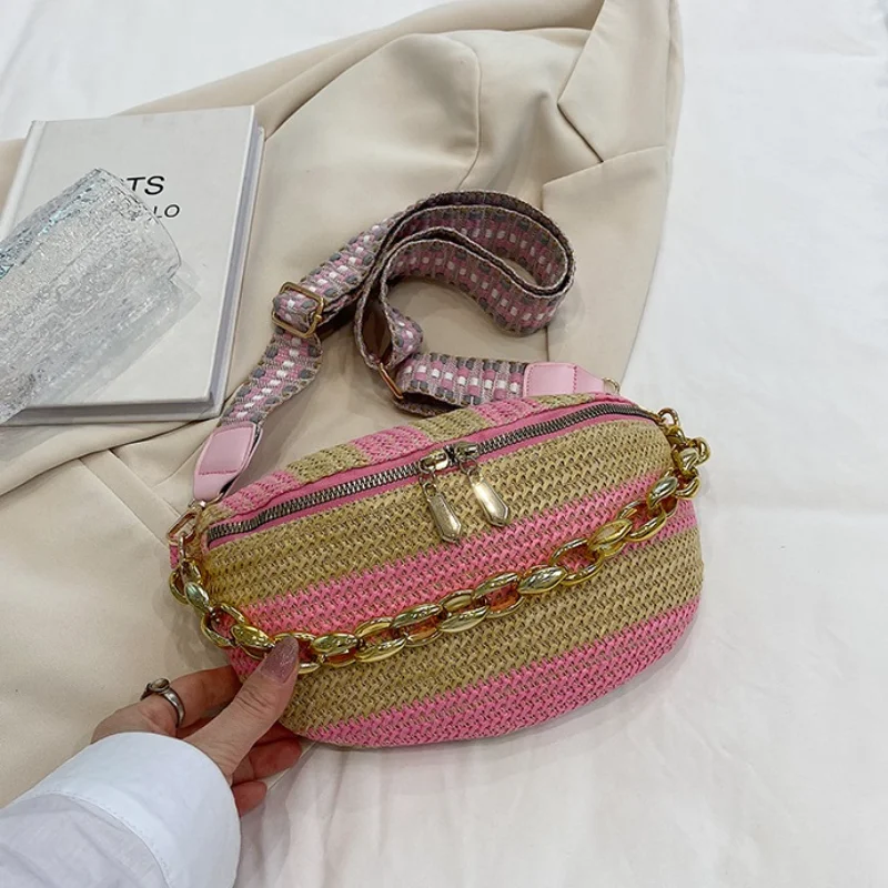 Aesthetic Straw Braid Striped Fanny Packs For Women Luxury Chain Waist Bag Female Woven Design Waist Pack Ladies Chest Bag 2023