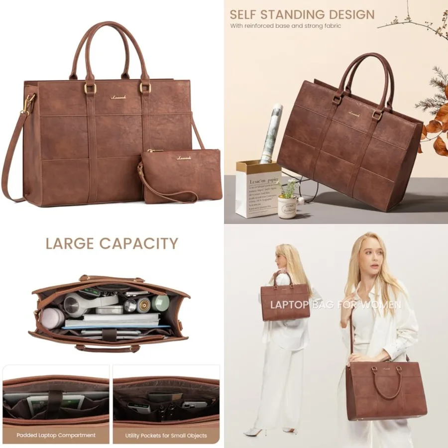 

Laptop Bag for Women, Laptop Tote Bag, Vintage Leather Work Bags for Women, Waterproof Computer bag with Clutch Purse, Large Ca