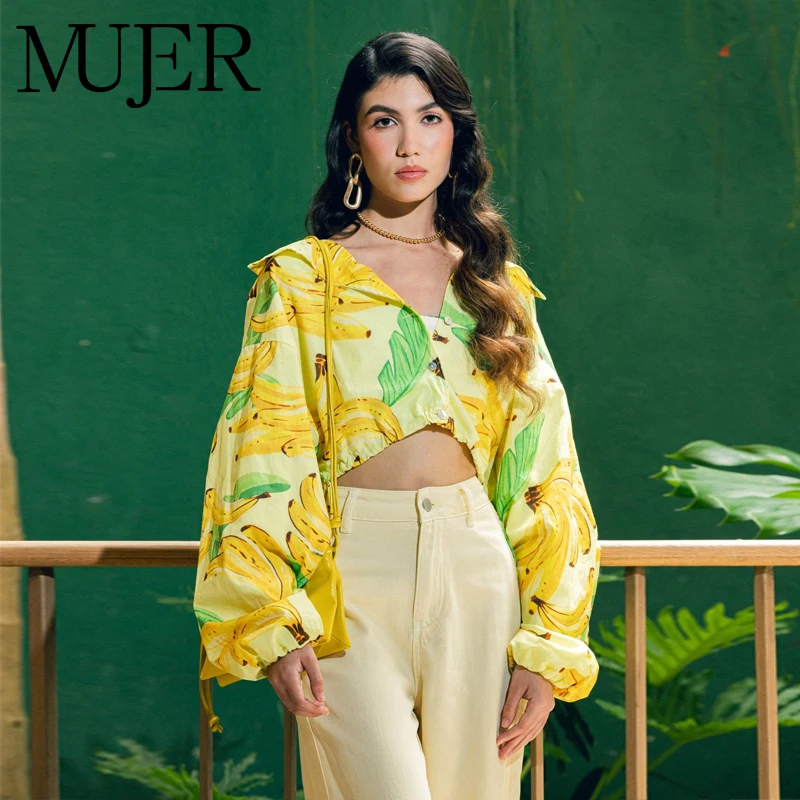 MUJER Fruit Print Cropped Jackets for Women Summer Button Fitted Jacket Woman Batwing Sleeve Womens Coats Holiday Casual Jackets