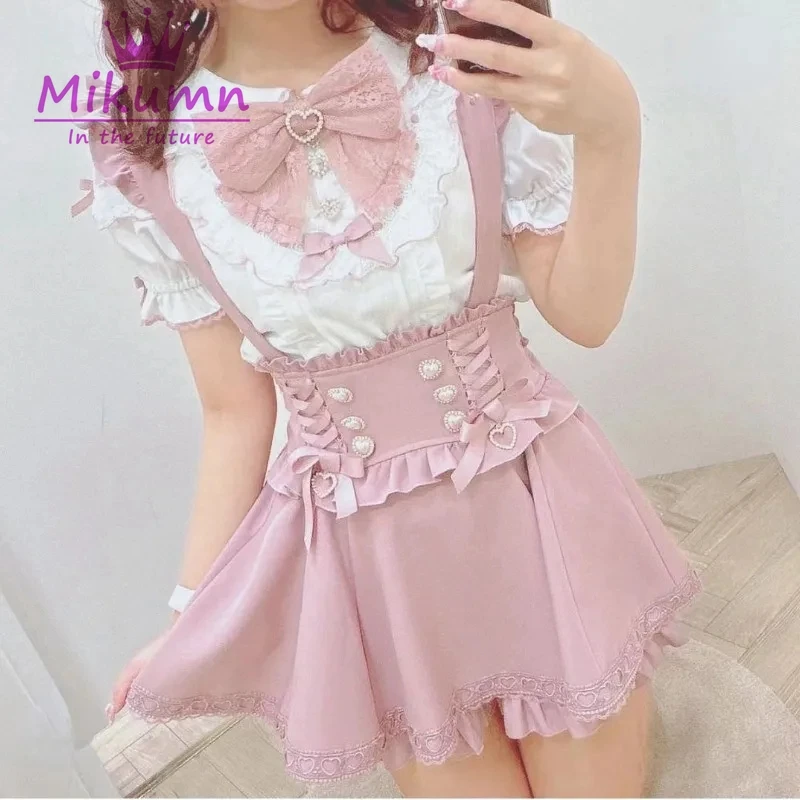 Mikumn gothic lolita retro bogen perle schnalle rüschen hosenträger röcke y2k japanische mädchen süße kawaii spitze a-line mini röcke