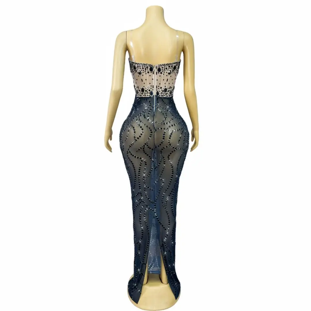 Women Luxury Prom Gowns Black Rhinestones Patchwork High Stretchable Maxi Long One Piece Celebrity Evening Party Gala Gowns