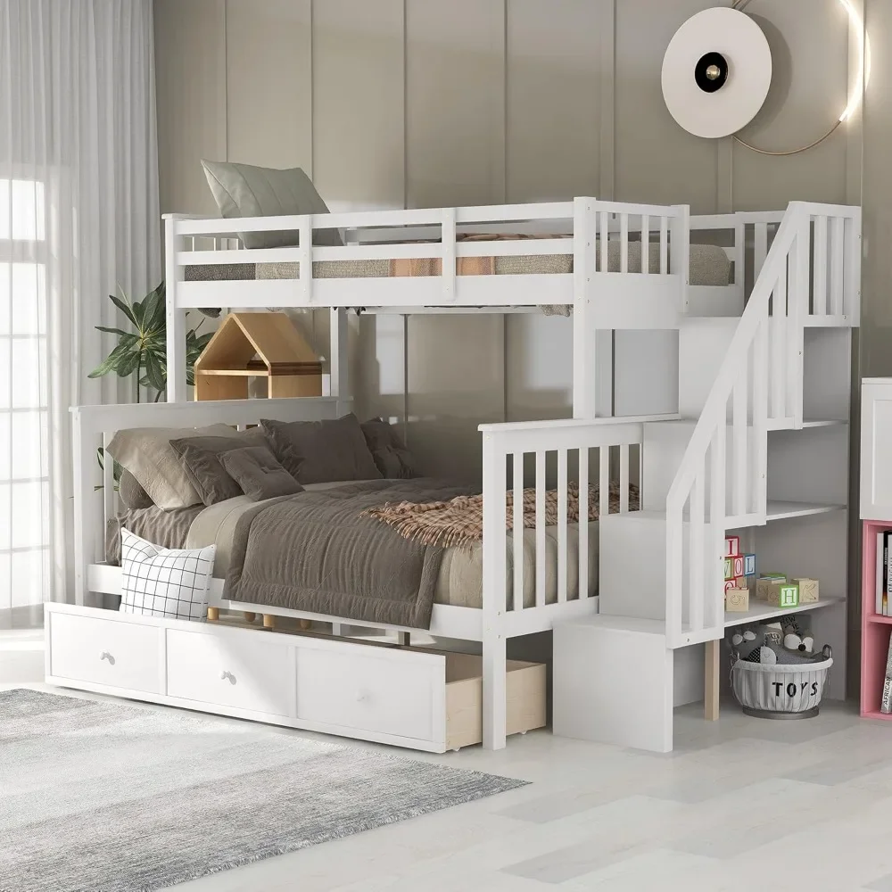 

Twin Over Full Bunk Bed with Stairs, Wood Bunk Bed Frame with Storage Drawers and Shelves, No Box Spring Needed, White