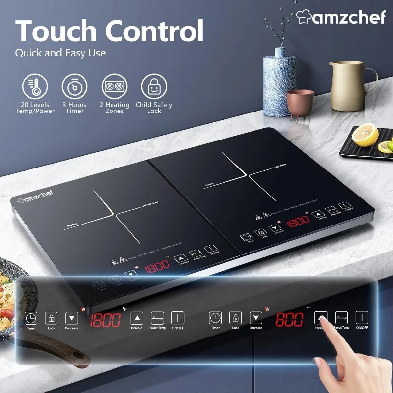 AMZCHEF 더블 인덕션 쿡탑, 인덕션 쿠커, 2 버너, 1800W 센서 터치, 20 온도