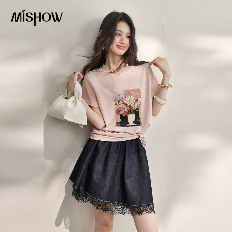 MISHOW Pink Short Sleeved T-Shirt Women's Oil Painting Print 2026 Summer Loose Tee Flower Applique Casual Design Top MXF27T1671