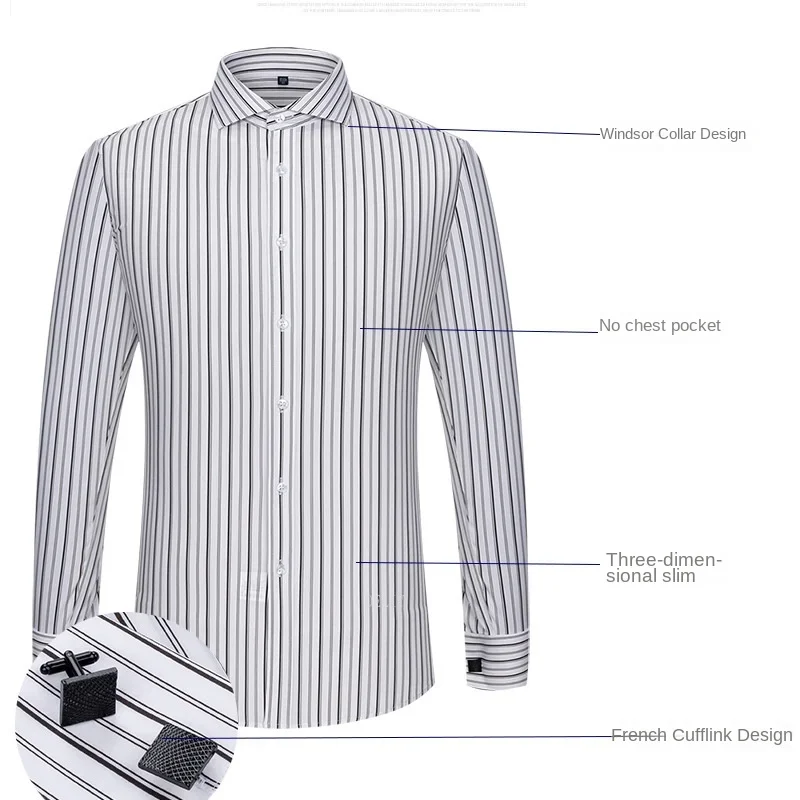 2025 Windsor Collar Slim Fit Modal  New Men\'s French Shirt Long Sleeve Business Dress Cufflink Striped Shirt No Pocket