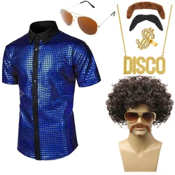7 Pcs Men's 70s Disco Costume 70s Hippie Costume Including Sequins Short Sleeve Shiny Shirts Gold Necklace Funky Sunglasses
