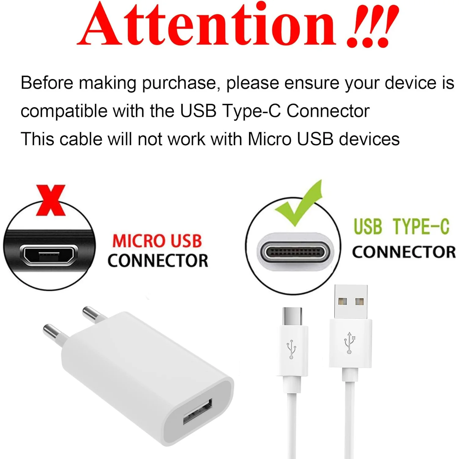 EU Plug USB Wall Charger Power Adapter 5V 1A Single USB Port With Type C Cable For Mobile Phone