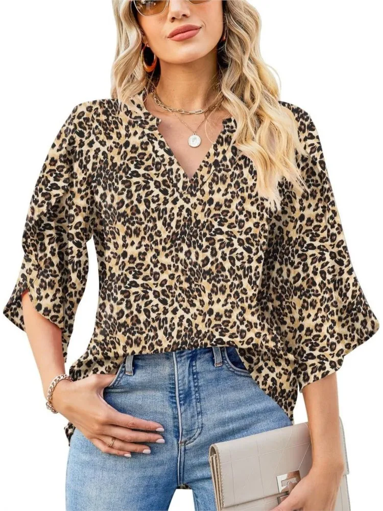 

New Summer Autumn Women's Tops Loose V-neck Petal Chiffon Print Women Blouse 2024 Shirts For Women Fashion