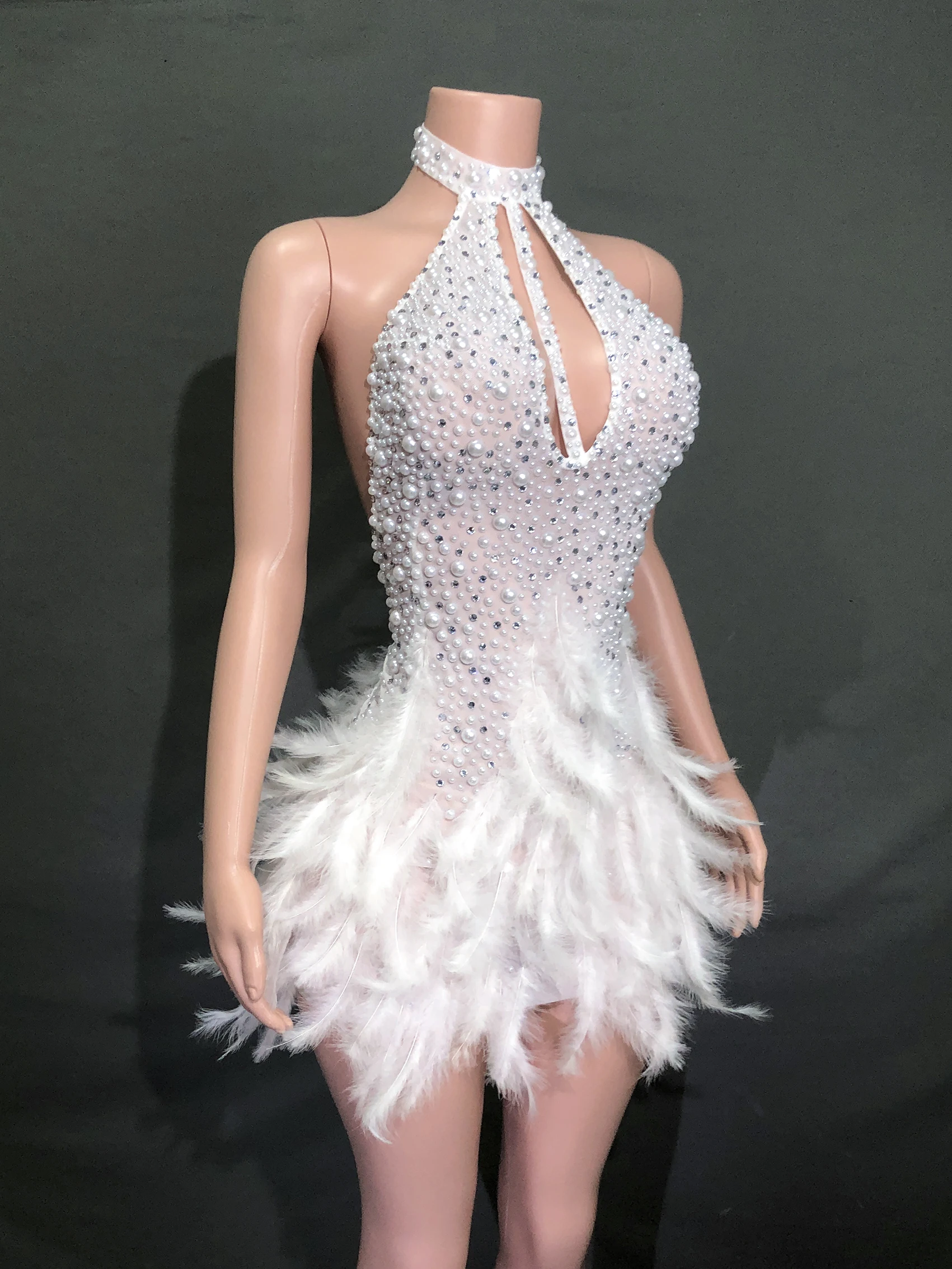feather short skirt bright diamond stage performance costume sleeveless sex appeal high collar hanging neck