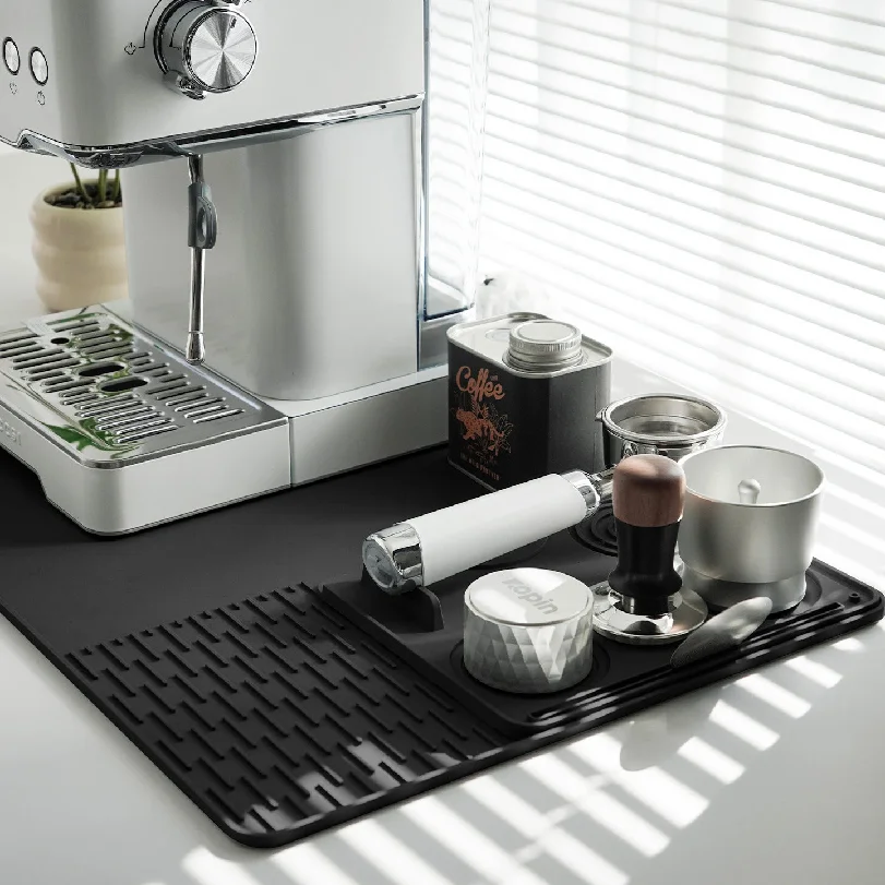 OANKR 2PCS Set 39X58cm Coffee Maker Pad and 25X20cm Espresso Tamping Mat Set, Anti-slip Mat for Kitchen Bar Counter Drain Tray
