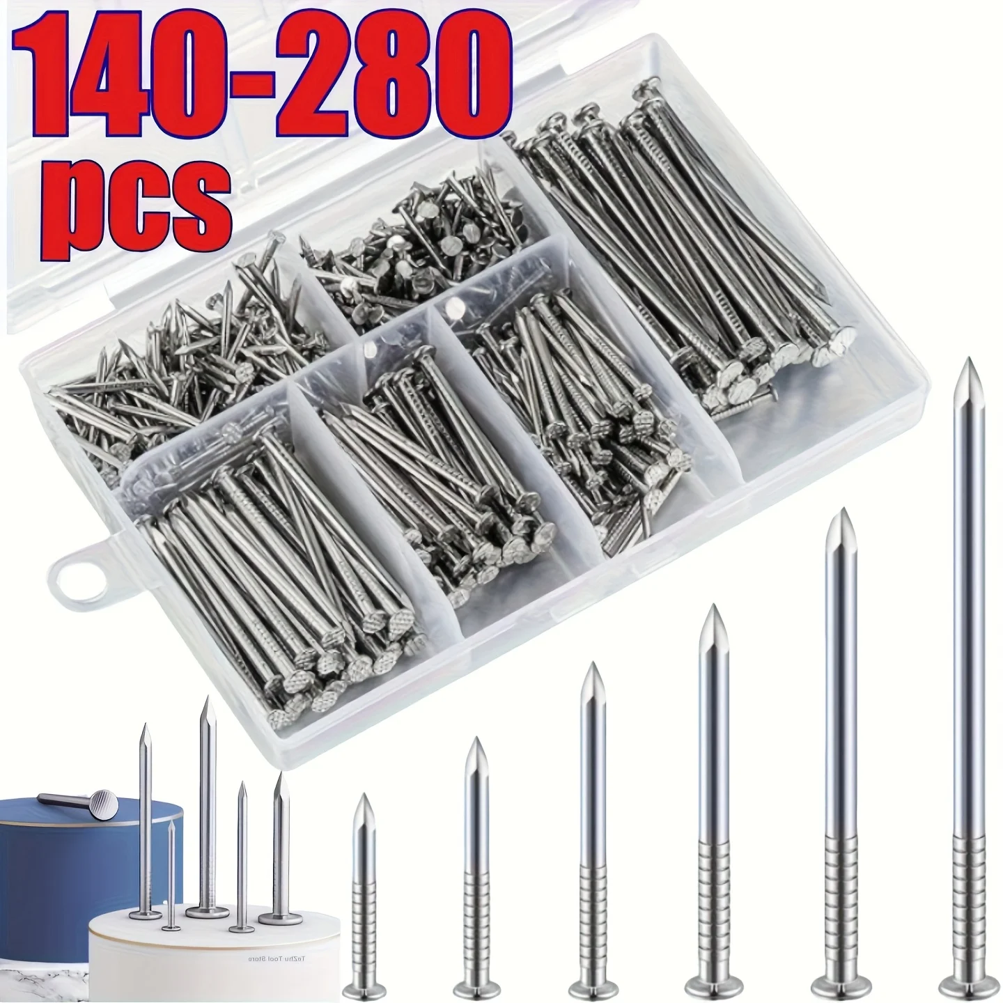 140/280pcs Assorted Hardware Nails Kit, Steel Picture Hanging & Wood Nails, Wall Nails with Storage Box, 6 Sizes, Smooth Finish,