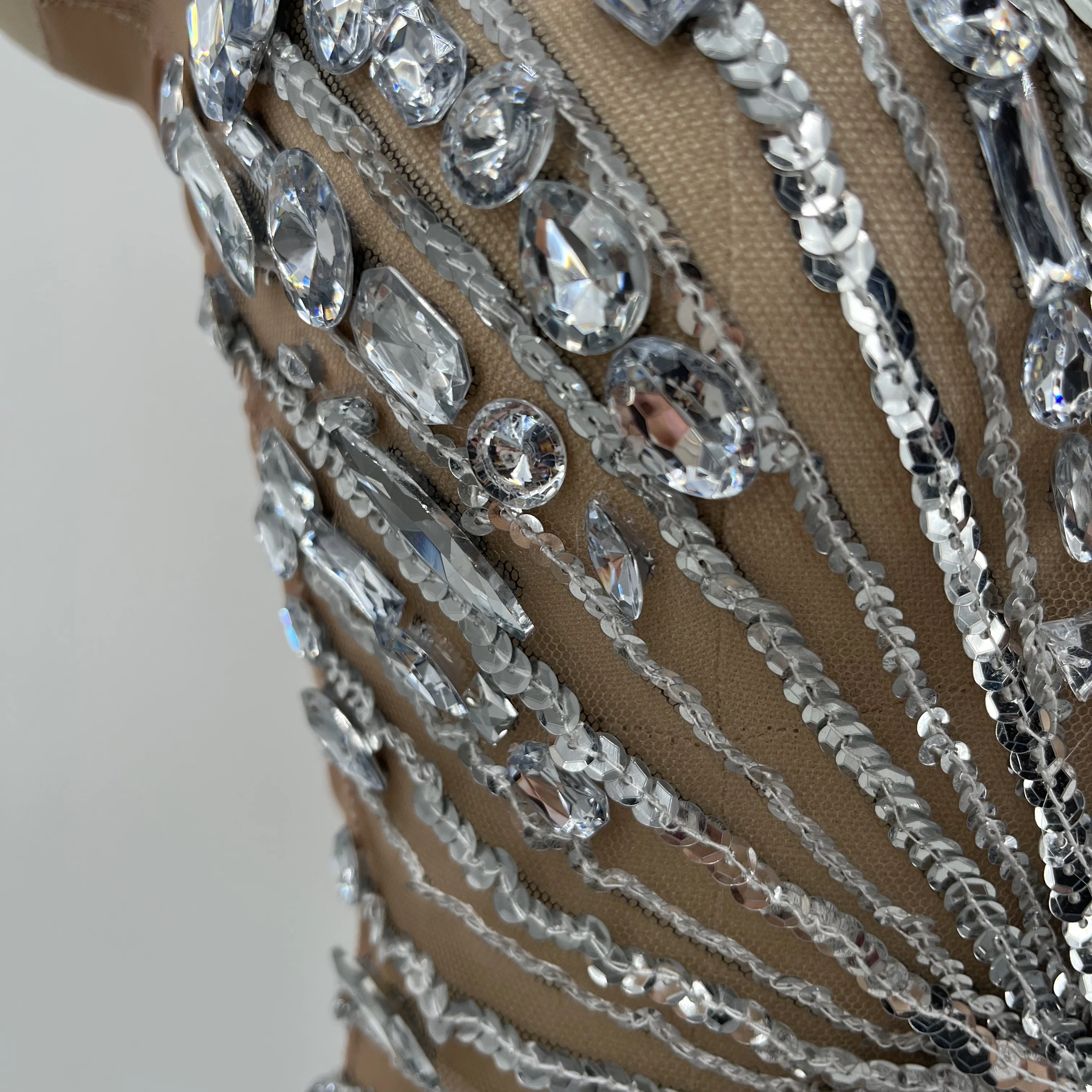 Mini combinaison Sexy en maille pour femmes, cristal et perles de diamant, luxueuse, pour fête, Bar, discothèque, spectacle sur scène, Costume de reine