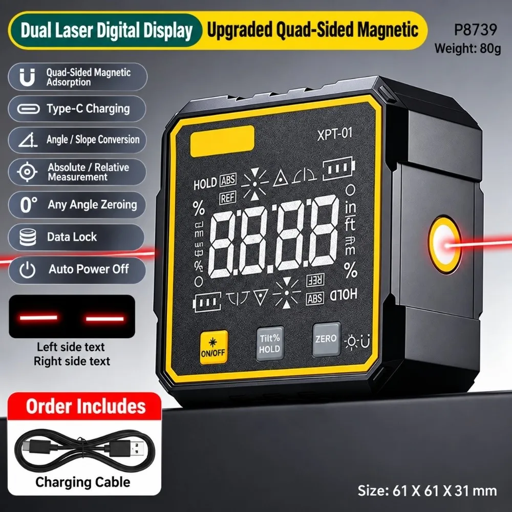 Dual Laser Cross Line Digital Inclinometer Digital Display Data Lock Laser Inclinometer Four Side Magnetic Energy Save