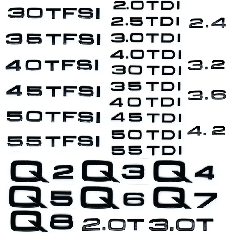 

ABS Numbers Letters Q2 Q3 Q4 Q5 Q6 Q7 Q8 30 35 40 45 50 55 TDI TFSI 2.0T Emblem For Car Fender Trunk Rear Logo Sticker
