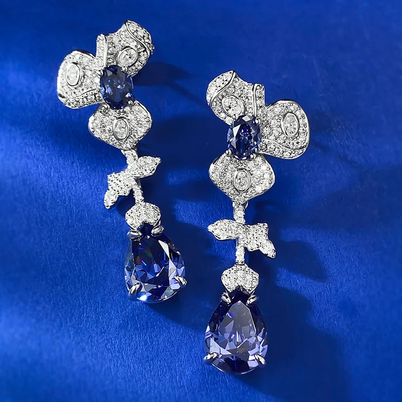 S925 Silver Live New 9 * 13 Pear shaped Tanzanian Blue Grand Full Diamond Earrings Light Luxury Premium 