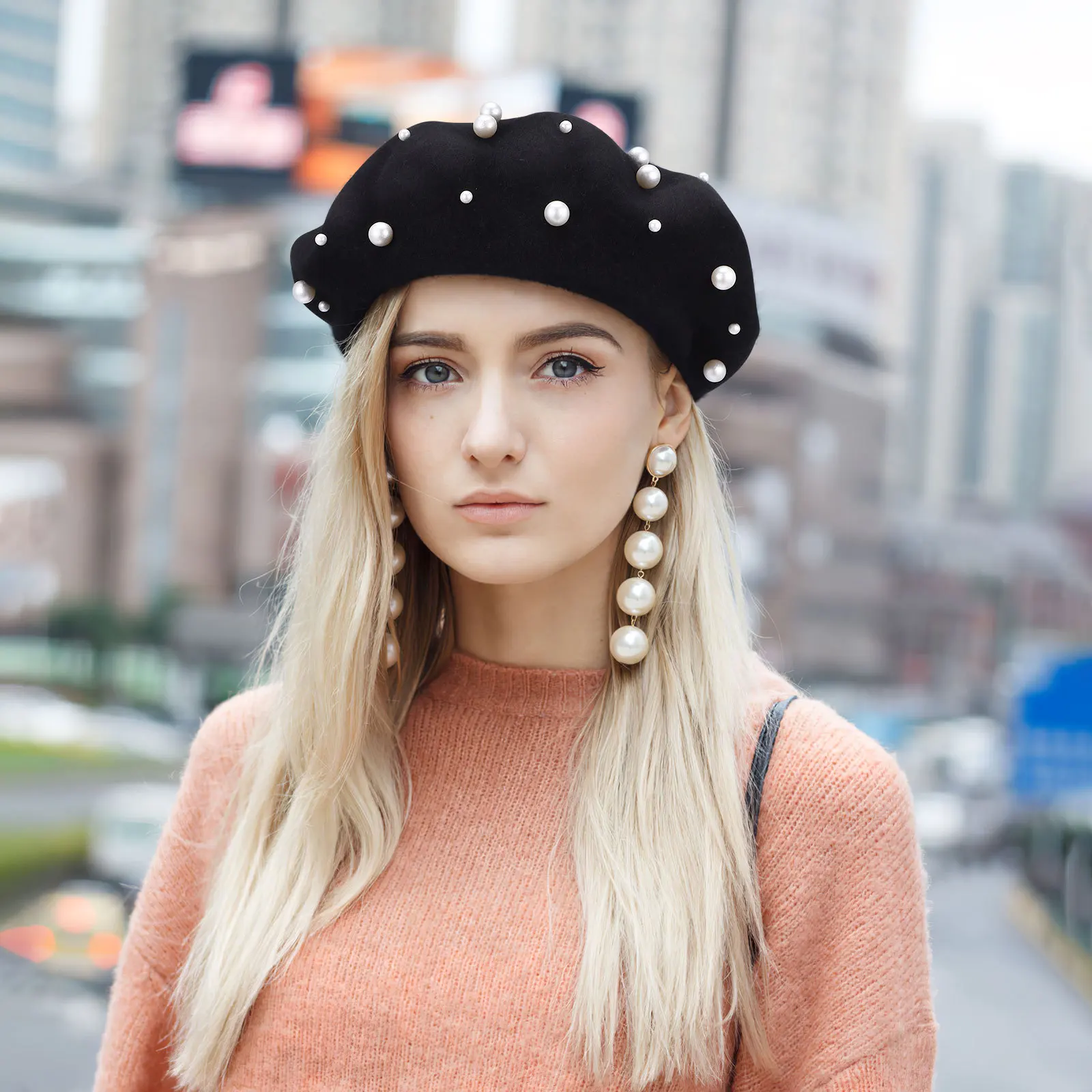 

Pearl Beret For Women Winter Knit Beanie Hat Foldable Wool Cap Autumn Winter Headwear Fashion Pearl Rivet Beret