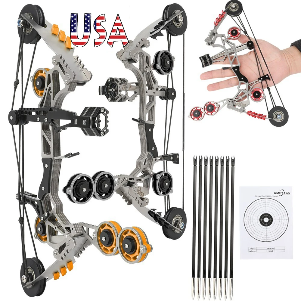 Mini Compound Bow Adjustable Draw Weight 10-32lbs 11-inch High-Elastic Steel Limbs Stainless Steel Handle with 4/8pcs Arrows Portable Pocket Bow for Beginners Target Shooting Outdoor Practice Decompression Game Archery Accessories