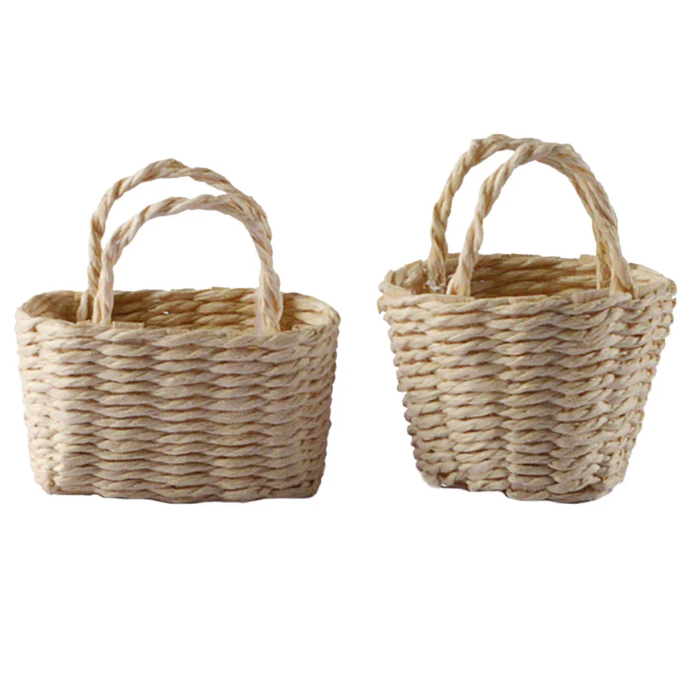 

2 Pcs House Flower Basket Micro-scene Baskets Mini Ornament Woven Miniature Small Hamper Simulation Decoration Storage