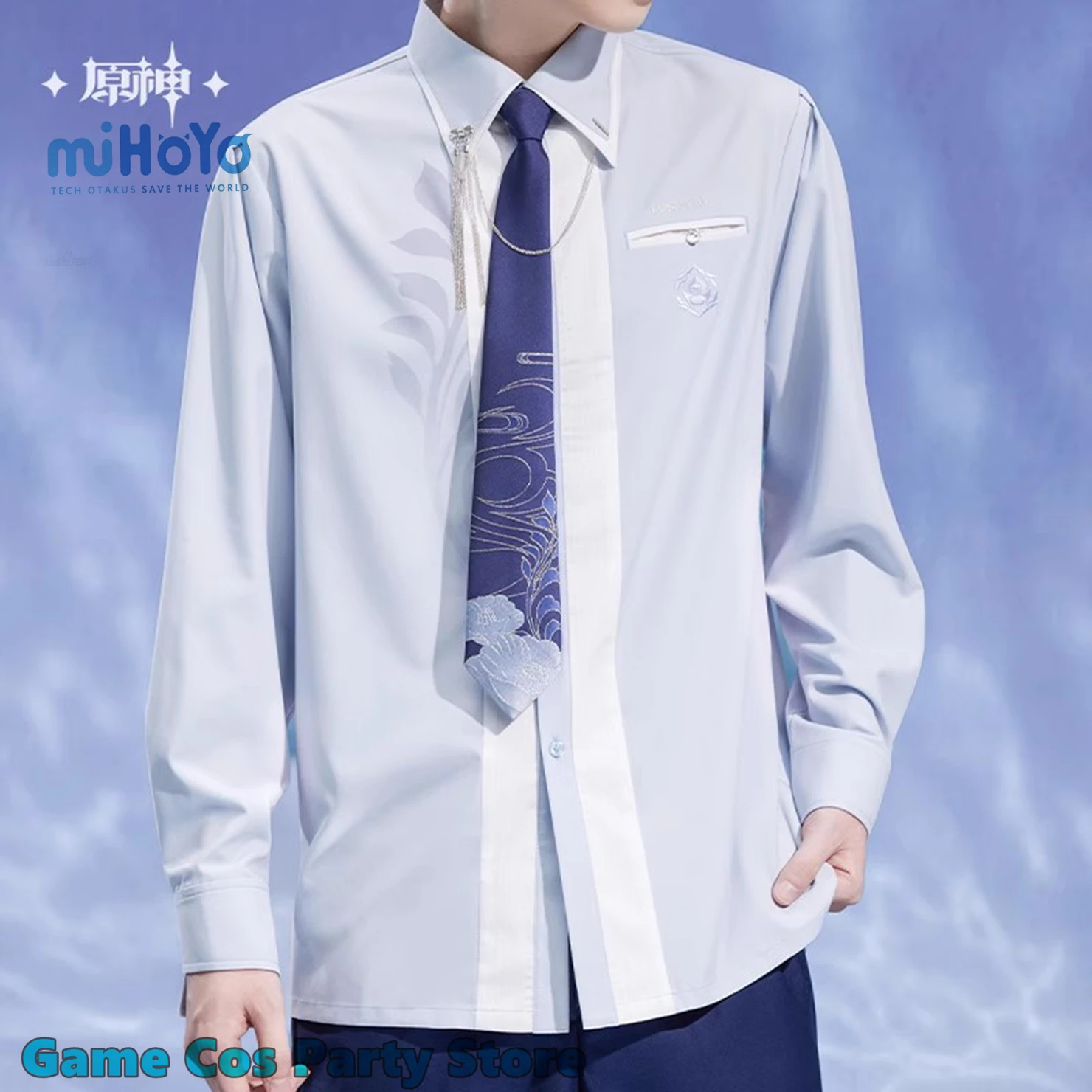 

[Genuine] Genshin Impact Kamisato Ayato Theme Impression Two-tone Tie Shirt Game Cosplay Costumes JK Suit Adult Tops Xmas Gifts