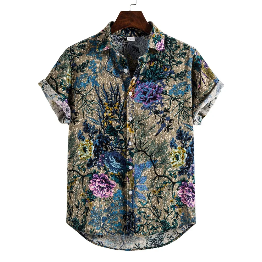 New Hawaiian Men\'s Summer Casual Flower Korean Retro Shirt Geometric Print Short Sleeve Button Top Loose Size Short Sleeve Shirt