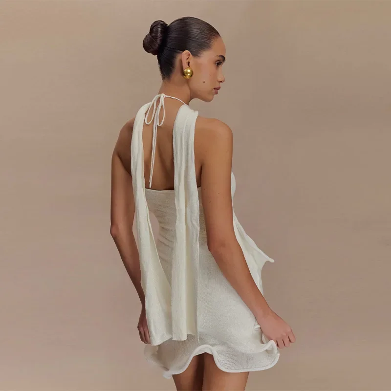 

Elegant White Hanging Neck Mini Dress Fashion Sexy Backless Lace-up Women Dress Summer Sleeveless Casual High Street gown 2025