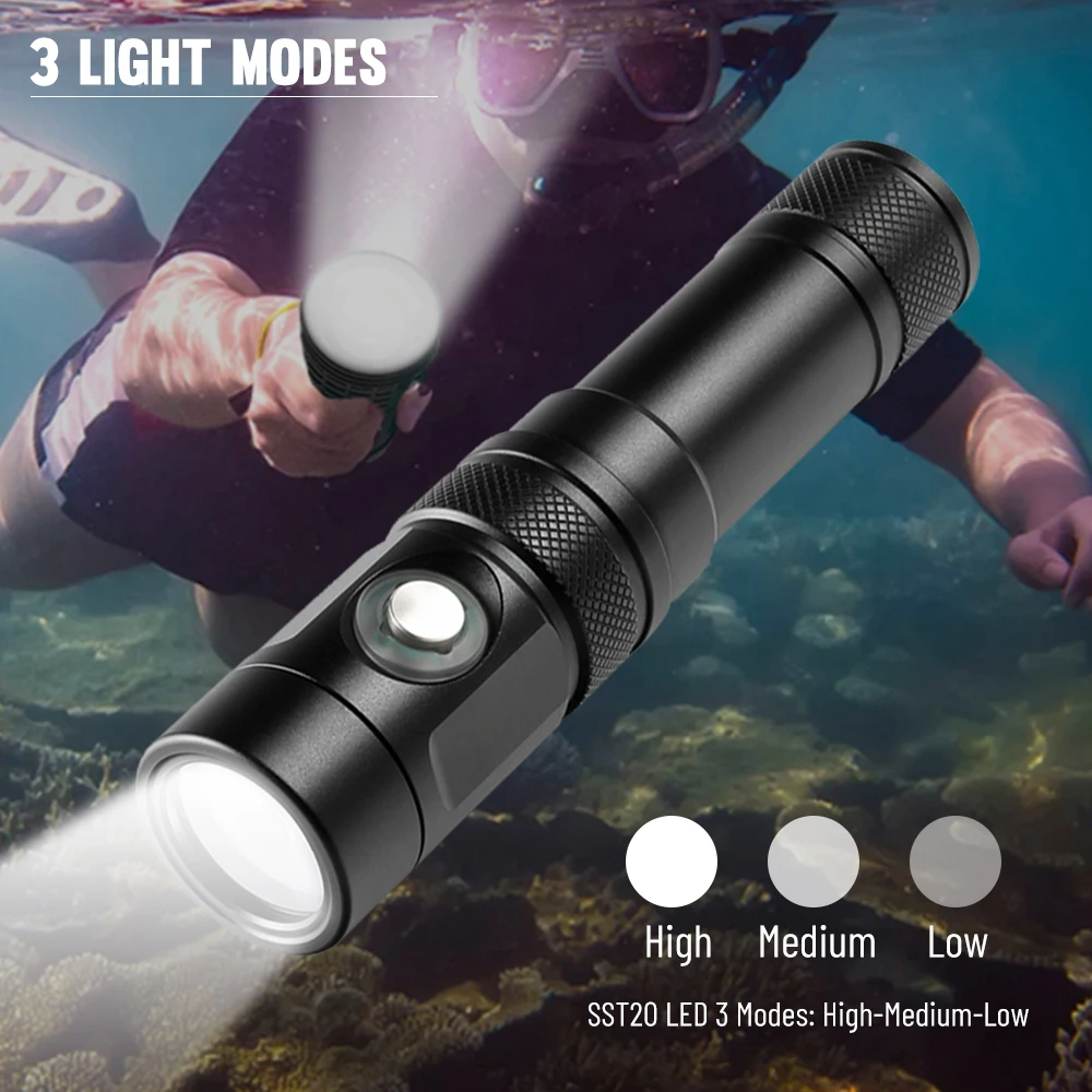 Asafee 100M Diving Flashlight SST20 LED 1000LM 100M Underwater IPX8 Waterproof Lamp Bulit-in Battery Rechargeable Torch