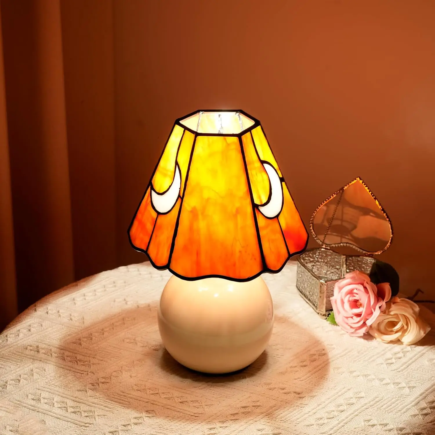 Mushroom Moon Stained Glass Table Lamp, Tiffany Style Bedside Light for Living Room Decor, Orange Gift