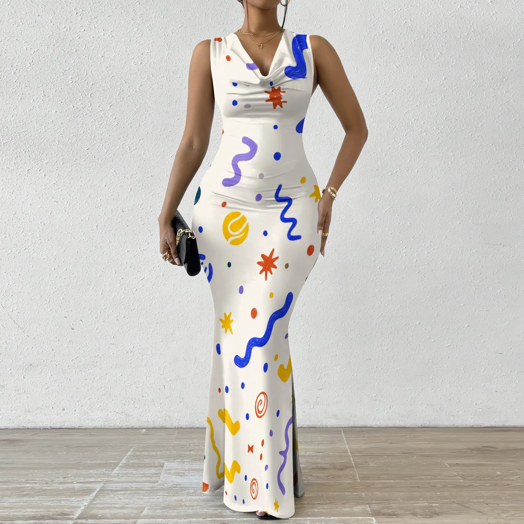 

Women's Sleeveless Cowl Neck Mermaid Maxi Dress, 2025 New Arrival Abstract Graffiti Print Slim Fit Party Cocktail Dresses XS-2XL