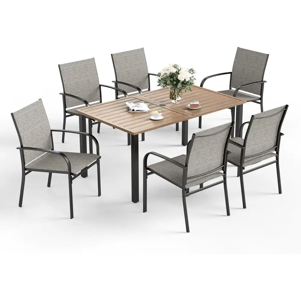 6-Piece Outdoor Dining Set with Metal Table and Chairs, Brown, Suitable for Patio, Lawn, and Deck