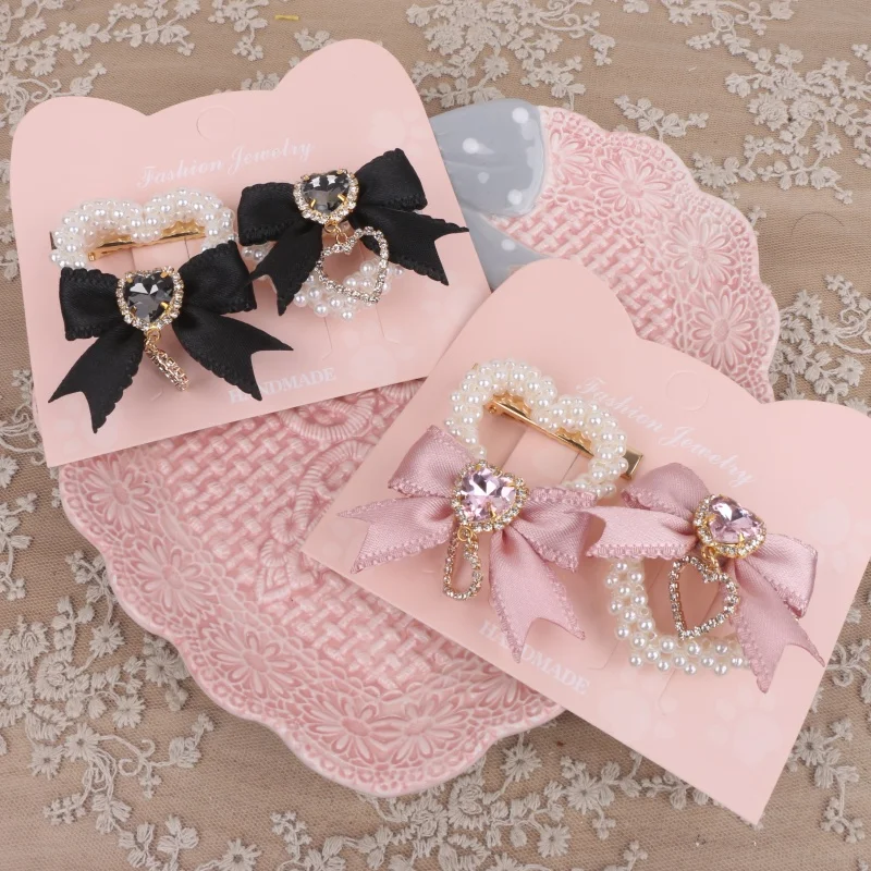 1 Pair Romantic Handmade Bow Hair Clips Lolita Pearl Heart Loria Bow Hairpins Hair y2k Accessories Jirarkei Ribbon Decor