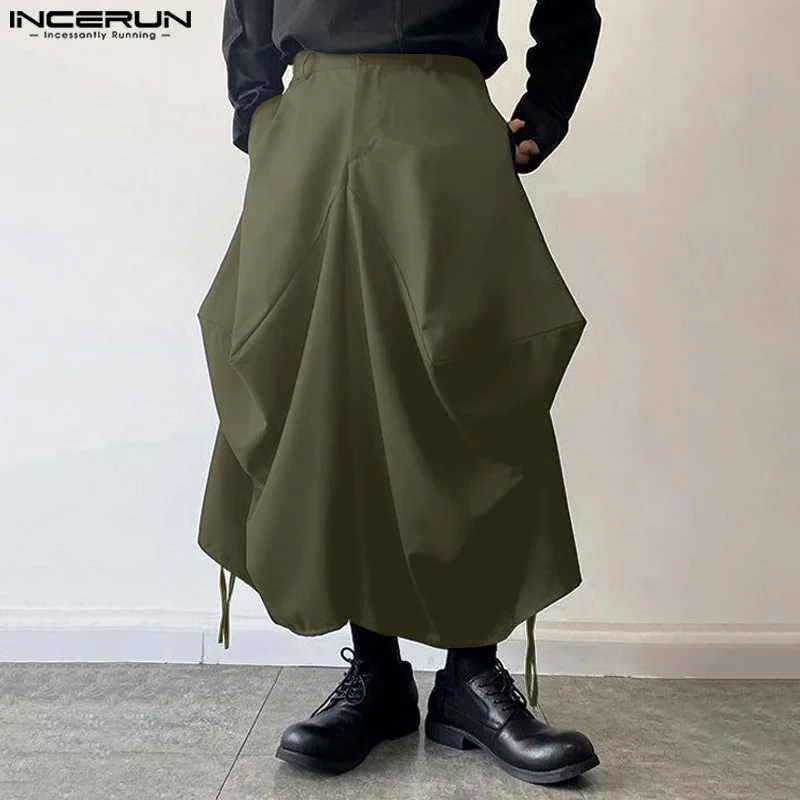 

INCERUN Men Pant Men Clothing 2024 Summer Loose Drawstring Irregular Long Trouser Party Cargo Pockets Long Pants Solid Pantalon