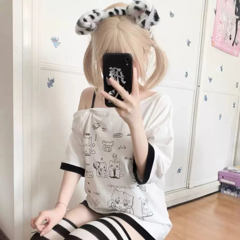

Japanese Summer Cartoon Print T-shirts Harajuku Vintage Loose Skew Collar Off Shoulder Tops Women Streetwear Grunge Casual Tees