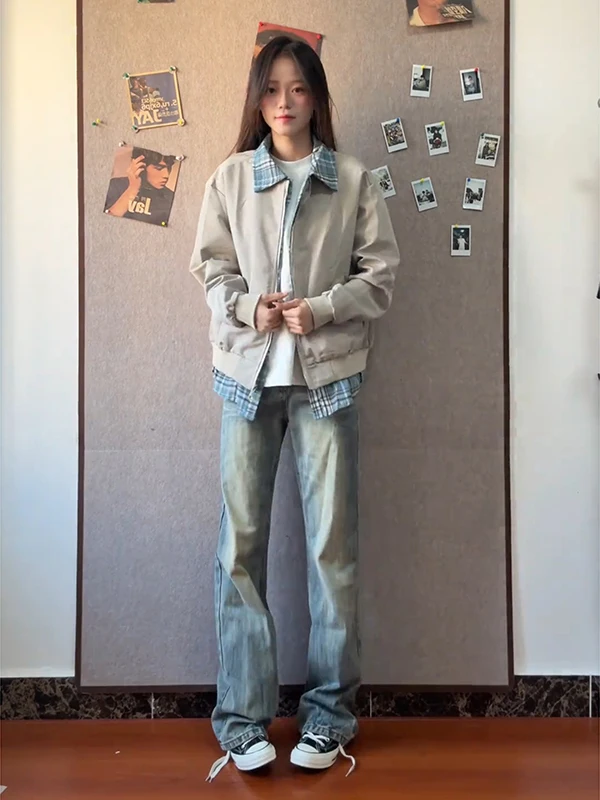 

Khaki Fake Two-Piece Men's Baseball Jaet Autumn Plaid Patchwork irt Collar CleanFit Zipper Closure Long Sve Regular Fit