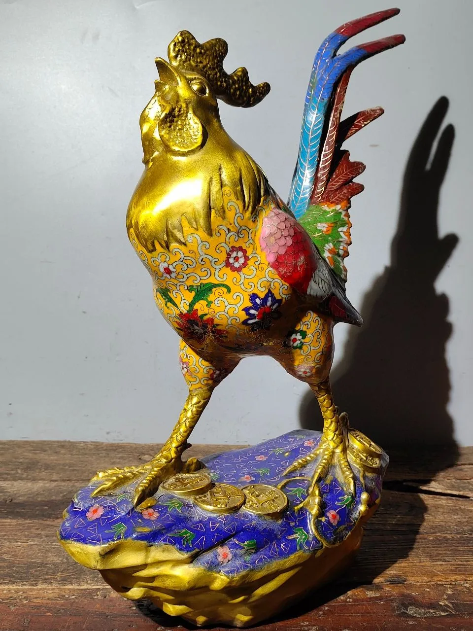 

22"Xizang Folk Collection Old Bronze Cloisonne Enamel Gilded Big Cock zodiac Rooster Golden Rooster Amass wealth Ornaments