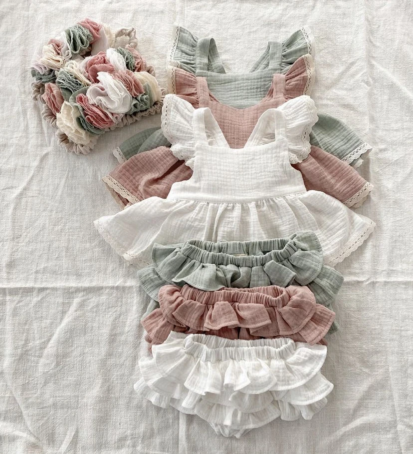 1 Set Vintage Baby Girl Sleeveless Criss-Cross Dress Kid Ruffles Dress+Lace Shorts Todder Princess Dresses Children Clothing 4T