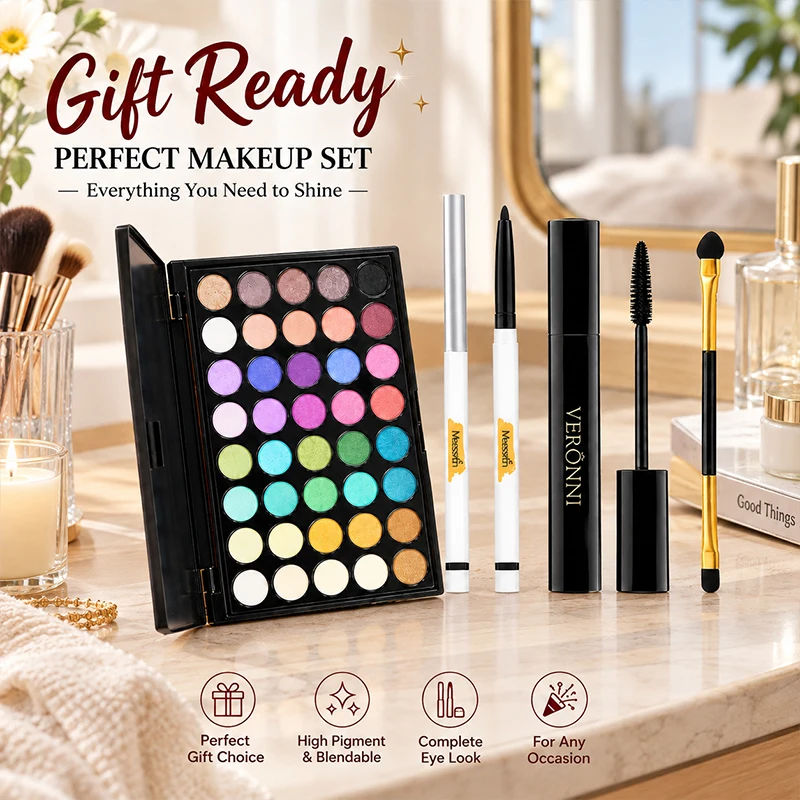 40 Colors Eyeshadow Palette Makeup Set with Mascara Eyeliner Gel Pen Eyeshadow Brush Matte Shimmer Pigmented Eye Shadow Kit