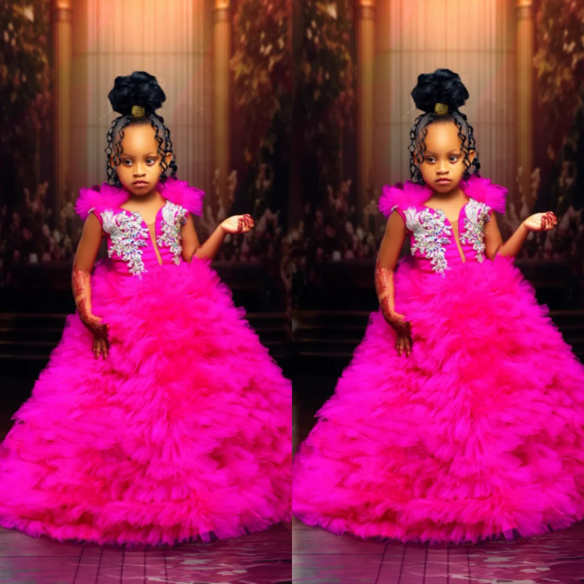

Luxury Fuchsia Kids Birthday Dresses Appliqued Ruffles Flower Girl Dresses for Wedding Baby Girls Prom Photoshoot Dress