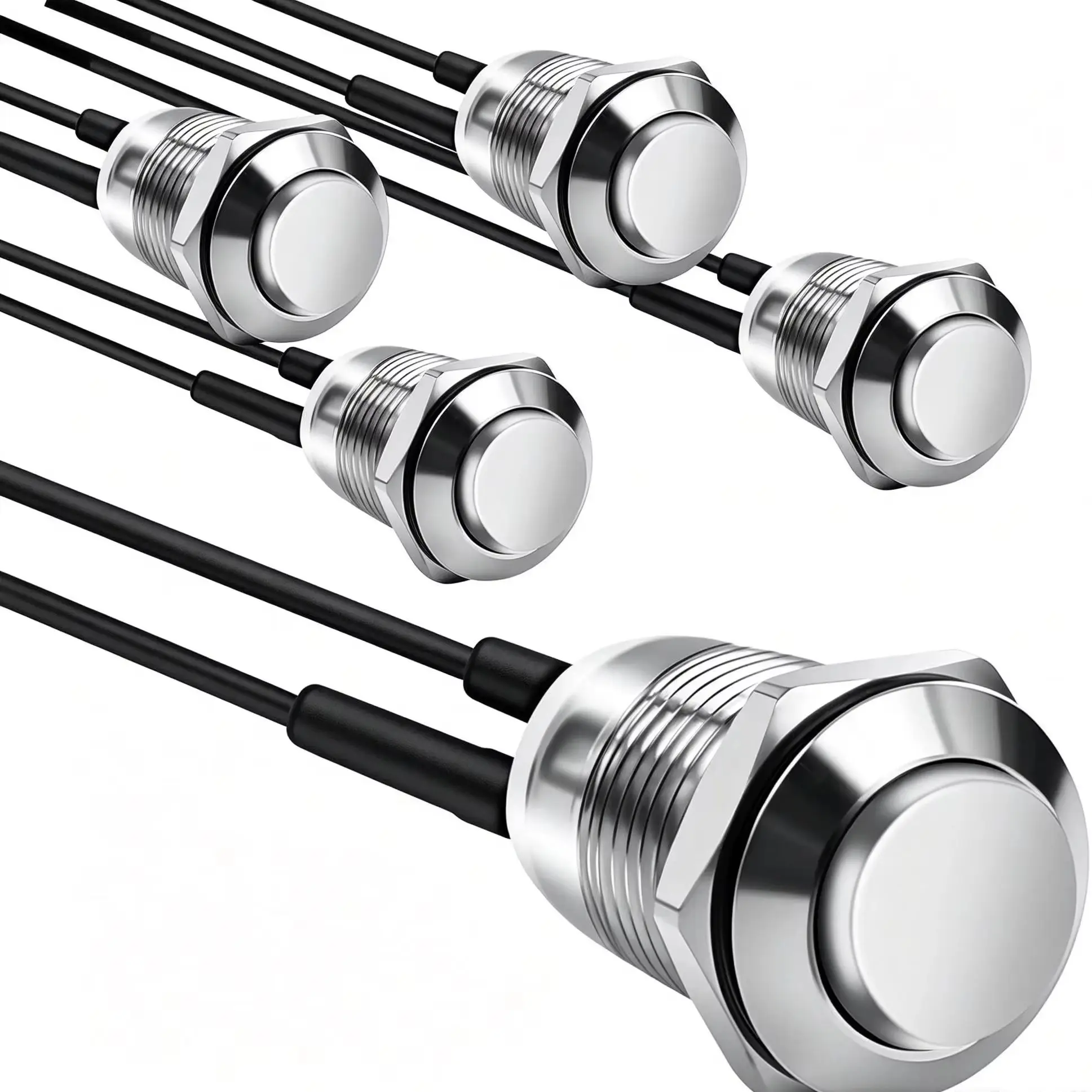 5 Stück 12-mm-Drucktaster, 12 V, Metall, wasserdicht, (EIN) AUS, 2-polig, SPST, mit vormontierten Kabeln für Auto und Marine
