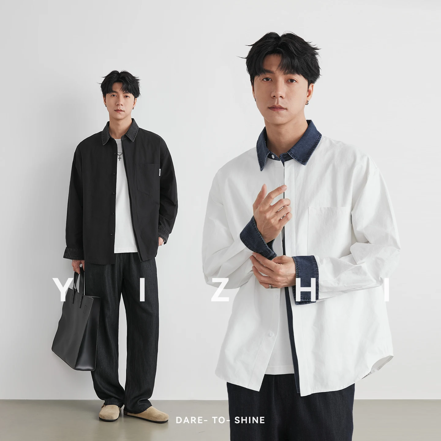 Men's Cotton Blend Contrast Denim Collar Shirt, Spring Autumn Loose Japanese Style Casual Commute Spliced Long Sleeve Shirt