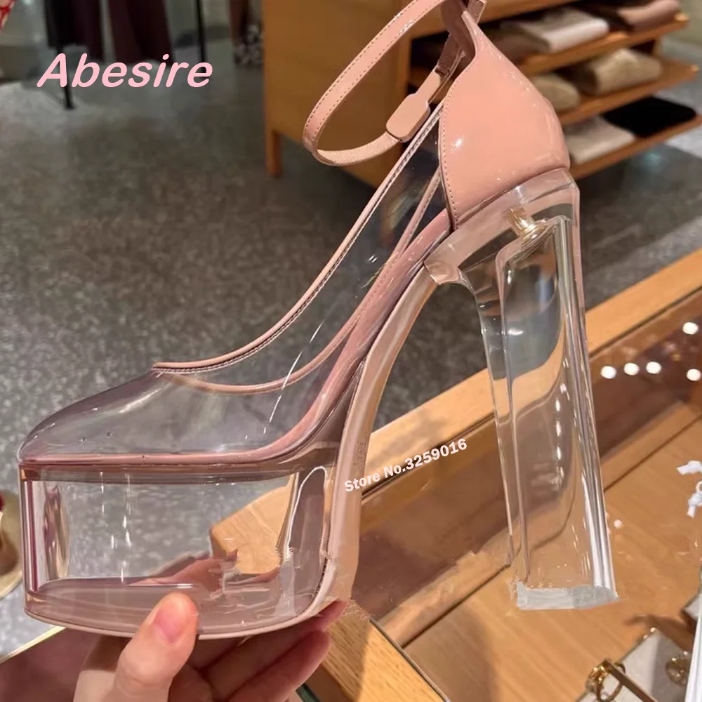 

Crystal Heels Platform Sandals Nude Patchwork Chunky Heels Ankle Strap Buckle Women's Pumps 2023 New Pvc Luxury Party Shoes Sexy