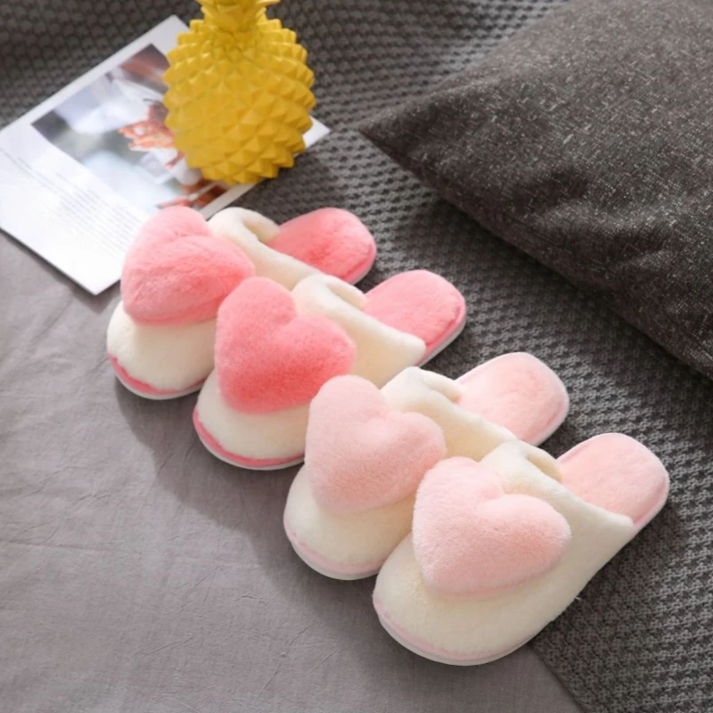 Autumn Winter Women Heart Shaped Home Slippers Ladies Fashion Indoor Warm Fluffy Slides Females Cute Casual Non-slip Plush Shoes