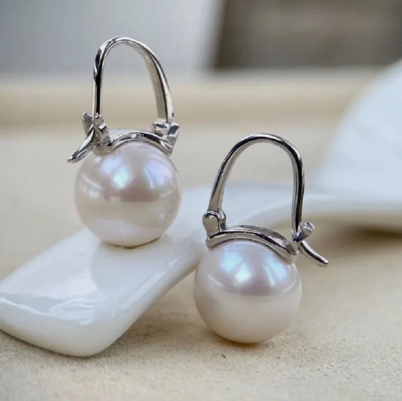 

charming 10-11 mm round south sea white pearl earring 925 silver