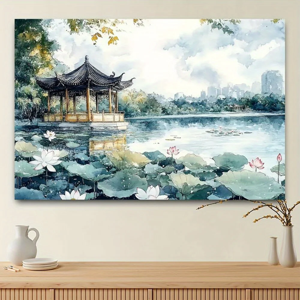 Chinese Garden Pavilion Water Lily Pond Photography Backdrop Traditional Asian Landscape Art Studio Prop for Wedding Portrait