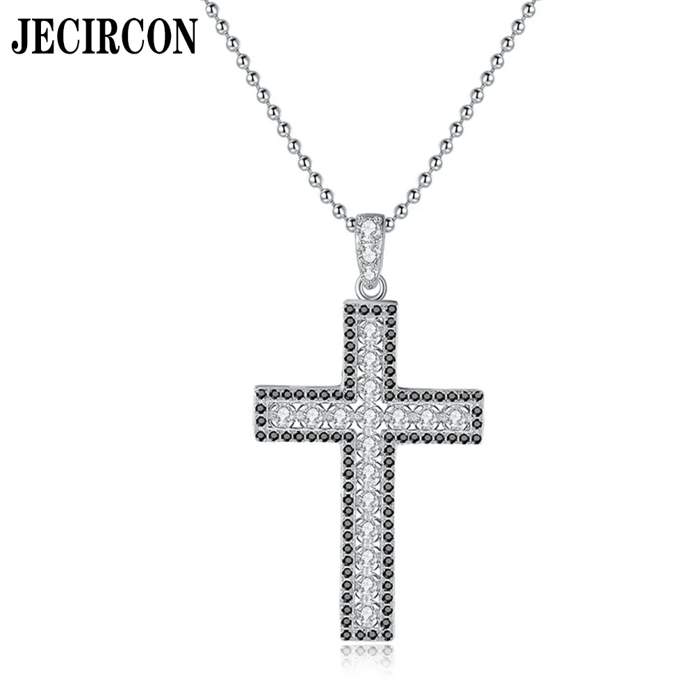 

JECIRCON S925 Sterling Silver Mini Moissanite Necklace Hip-hop Full Diamond Cross Pendant Micro-set Black Zircon Clavicle Chain