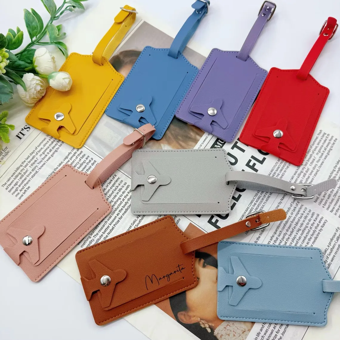 Personalized Vegan Leather Luggage Tag, Custom Name Initials Luggage Tag, Suitcase ID Tag, Wedding Favors, Leather Travel Set
